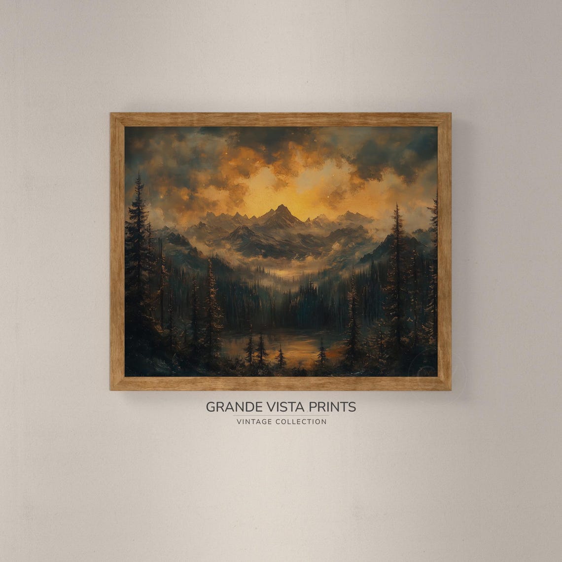 Golden Sunset Glow Dark Pine Forest Mountain Lake Vintage Poster - Image 4