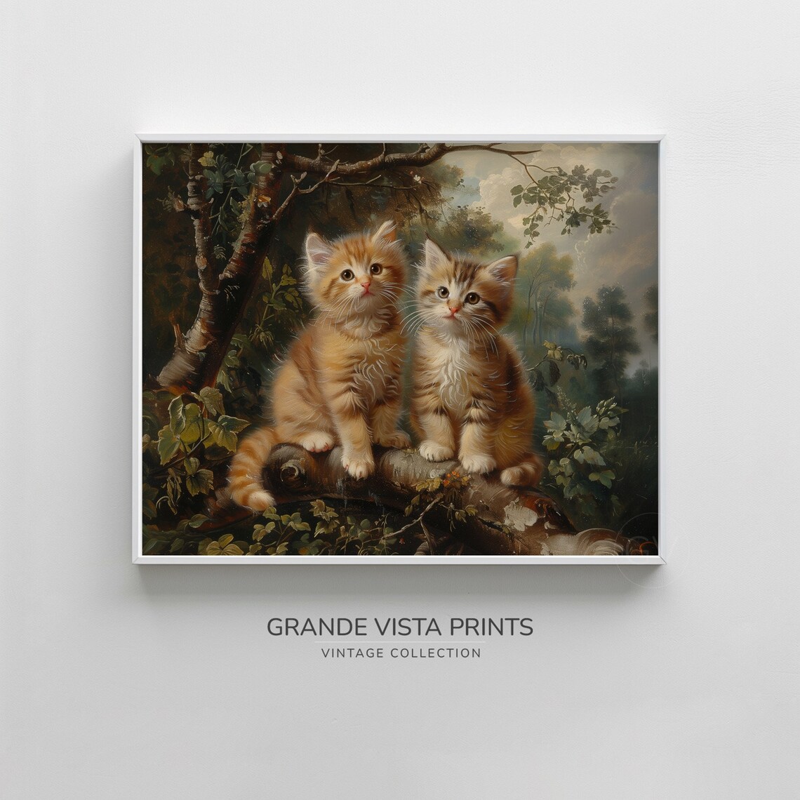 Two Kittens On Tree Branch Vintage Cute Cat Painting Animal Wall Art Poster - Image 4