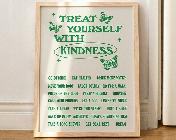 Treat Yourself With Kindness Affirmations List Green Wall Poster