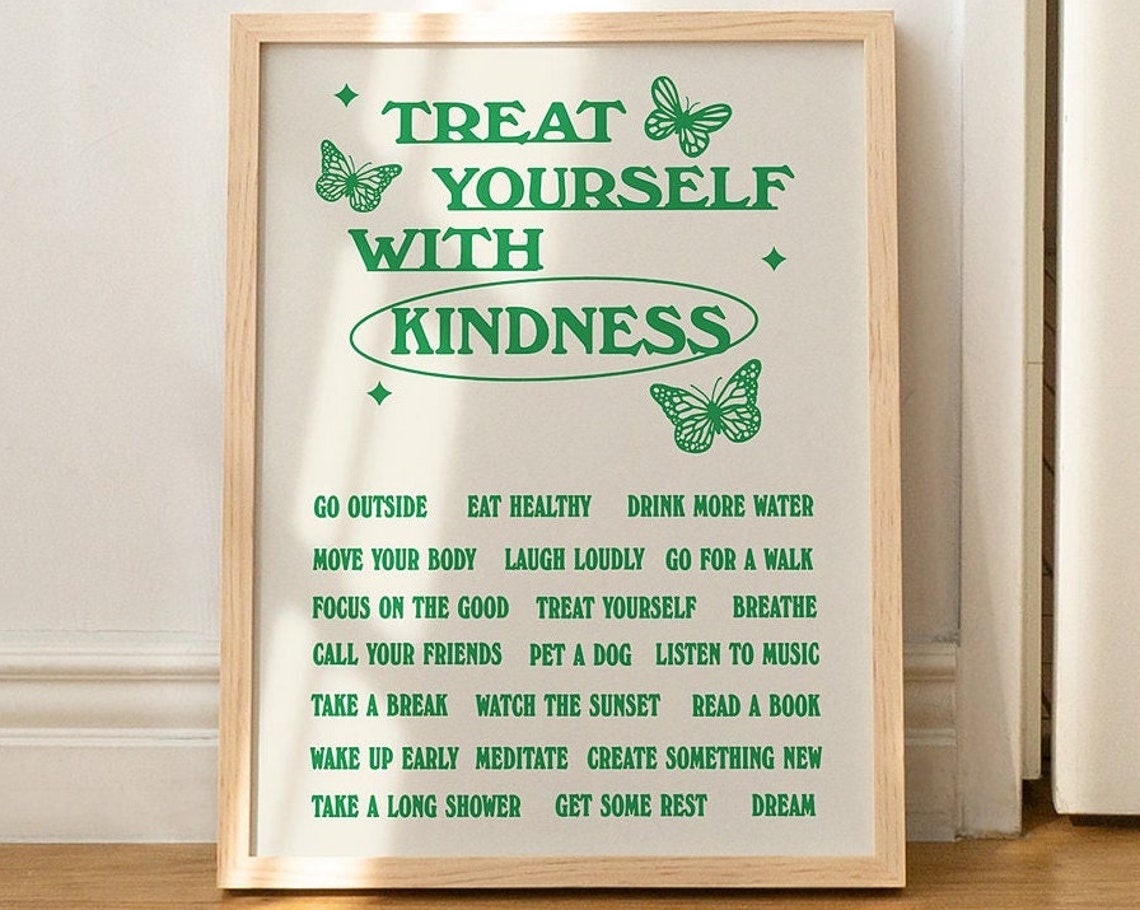 Treat Yourself With Kindness Affirmations List Green Wall Poster