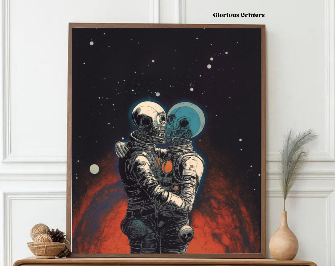 Retro Robot Astronauts Embracing Starry Red Planet Space Poster