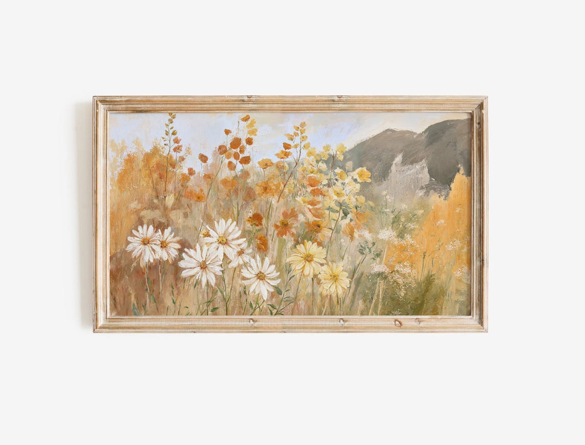 Golden Wildflower Meadow with Daisies Mountain Warm Art Poster - Image 3