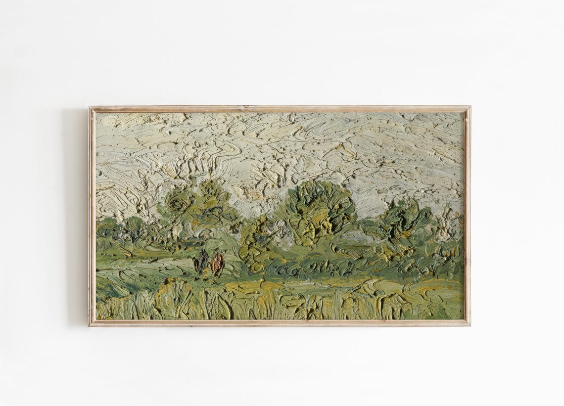 Textured Green Meadow Impasto Oil Landscape Frame TV Painting Poster