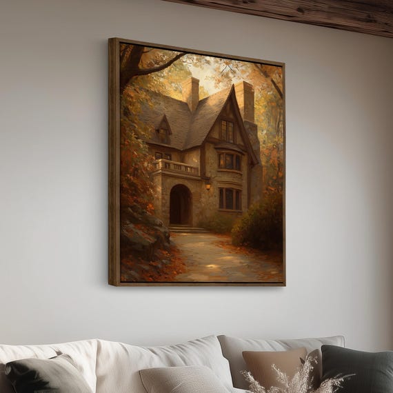 Fall Stone Cottage Framed Canvas Print Dark Academia Autumn Countryside Wall Art
