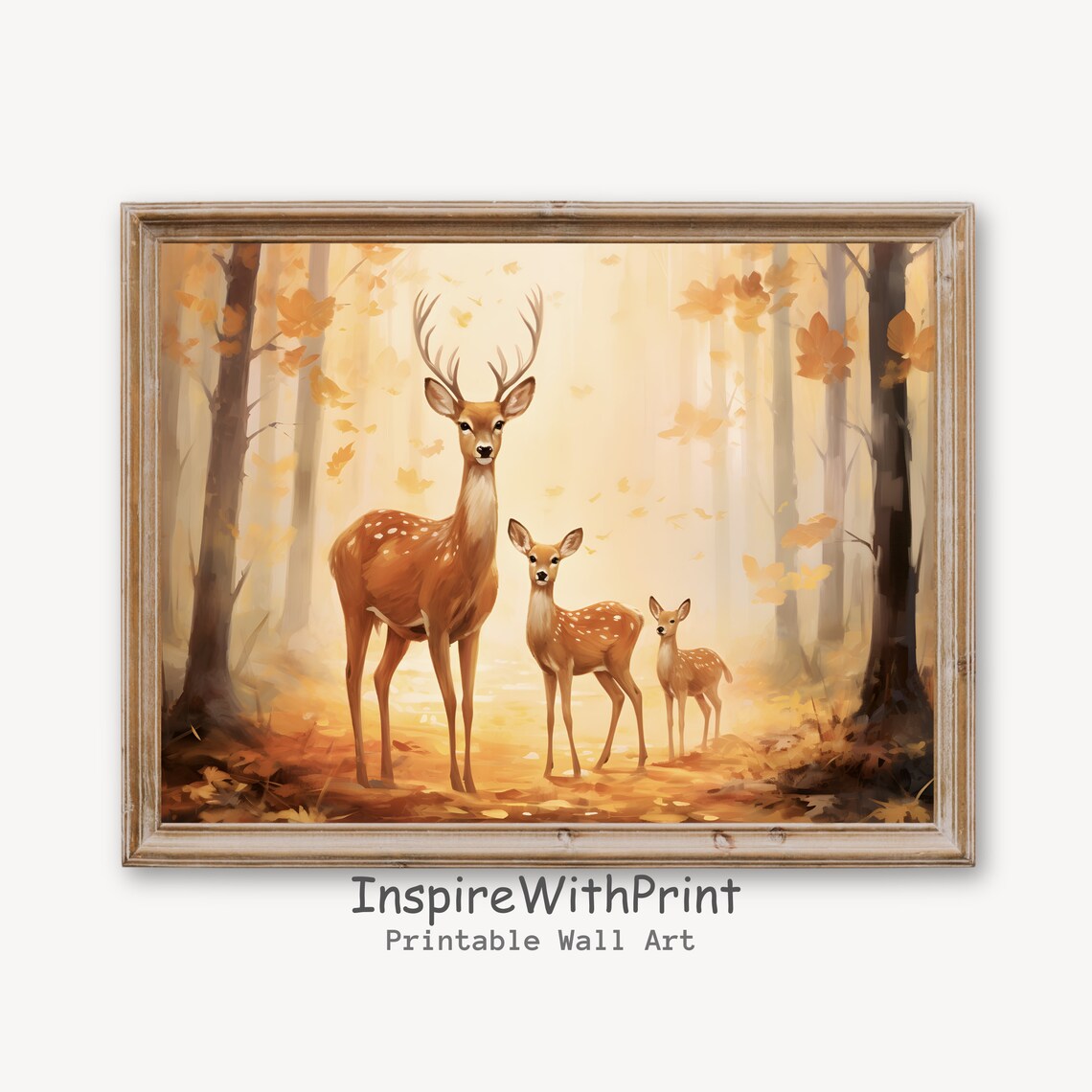 Deer Family Golden Autumn Forest Buck Doe Fawn Painting Wall Art