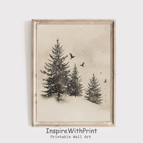 Rustic Winter Wall Art Moody Pine Tree Print Neutral Vintage Christmas Snowy