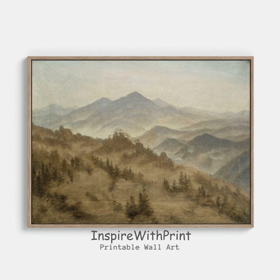 Rustic Mountain Landscape Oil Painting Vintage Winter Art Neutral Wall Cabin Decor