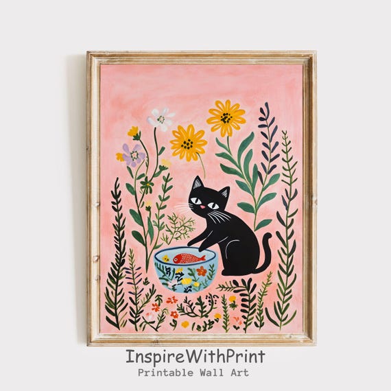 Cat Playing With Fish Bowl Print Matisse Black Wall Art And Floral Funny Henry Pastel Inspired