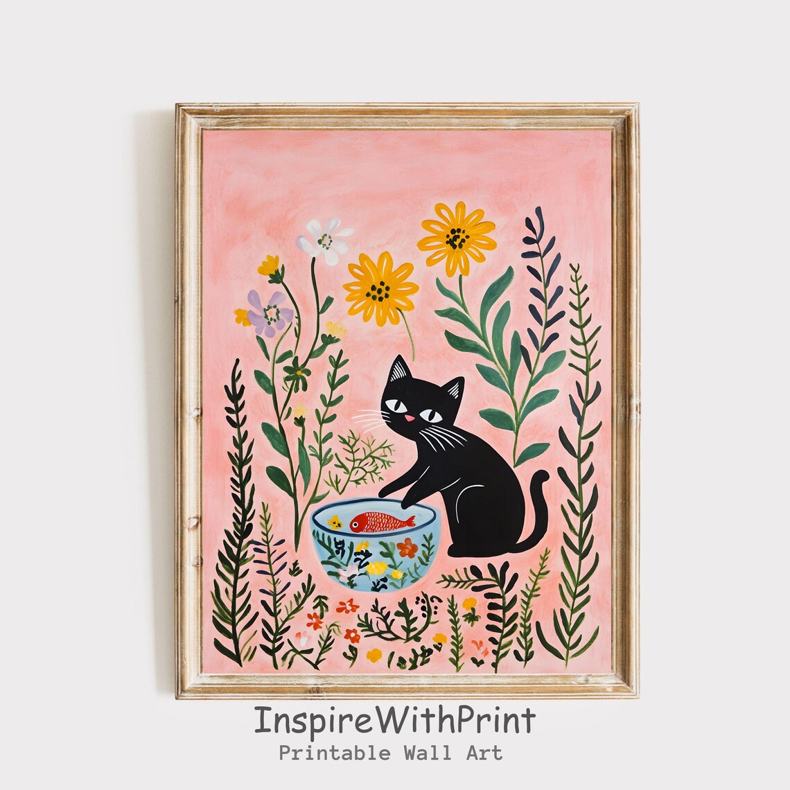 Black Cat Pawing Fish Bowl Pink Wildflower Garden Illustration Poster