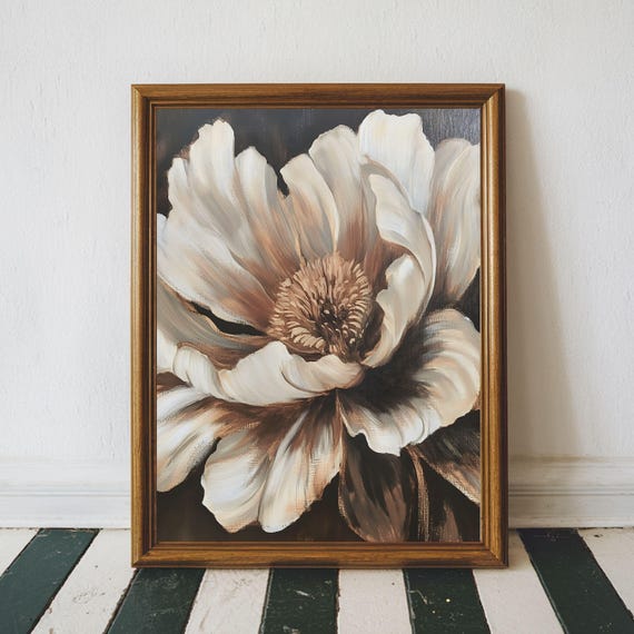 Vintage Dark Flower Print Moody Neutral Wall Art Large Rustic Floral Antique White