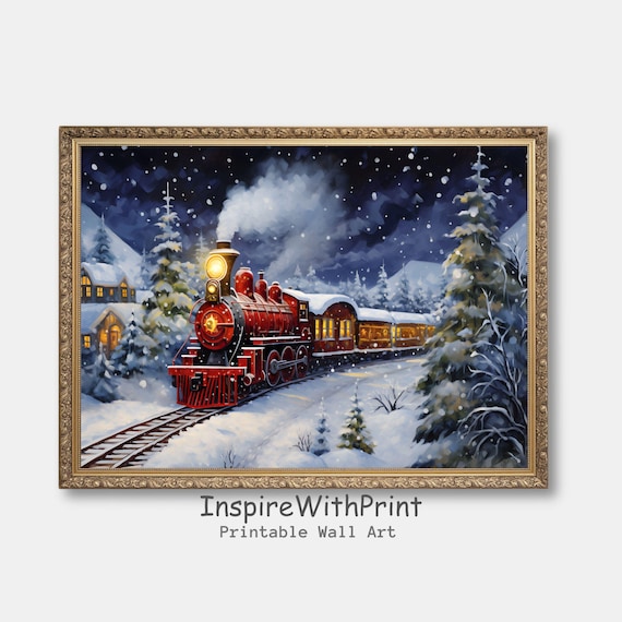 Vintage Polar Express Train Art Print, Holiday Winter Decor