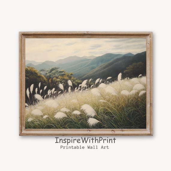 Country Meadow Grass Field Landscape Print Pampas Wall Art Neutral Nature Rustic Mountain