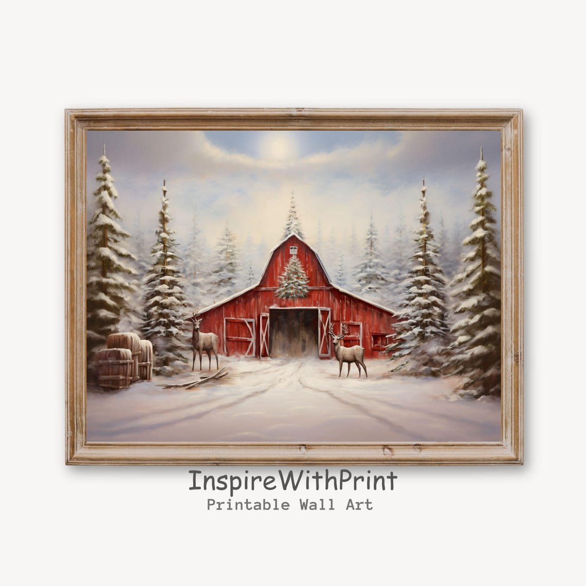 Red Barn Winter Snow Farmhouse Deer Rustic Christmas Scene Poster