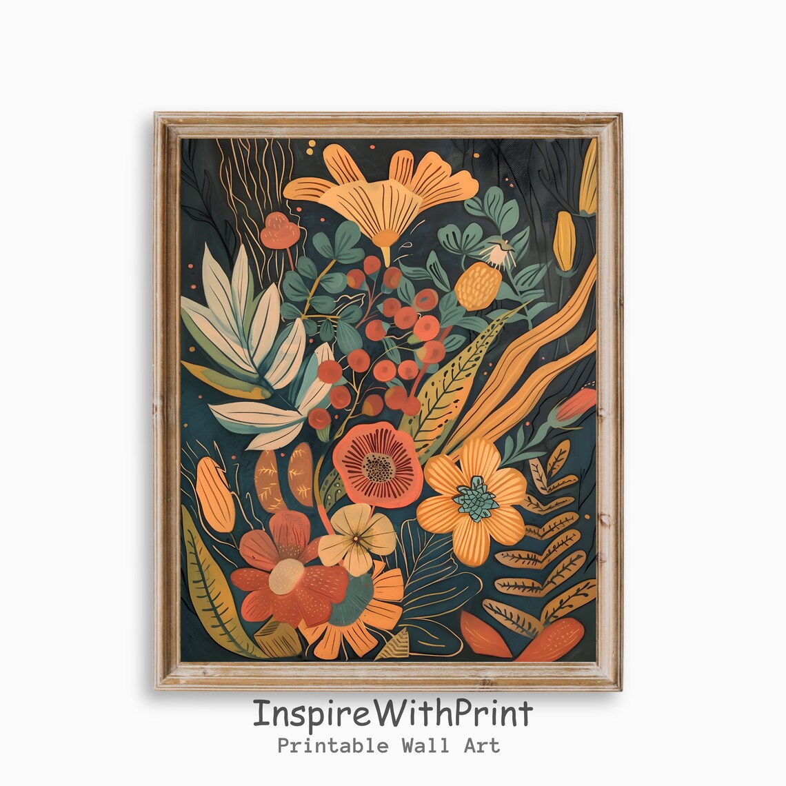 Moody Midcentury Botanical Flower Bouquet on Teal Art Poster