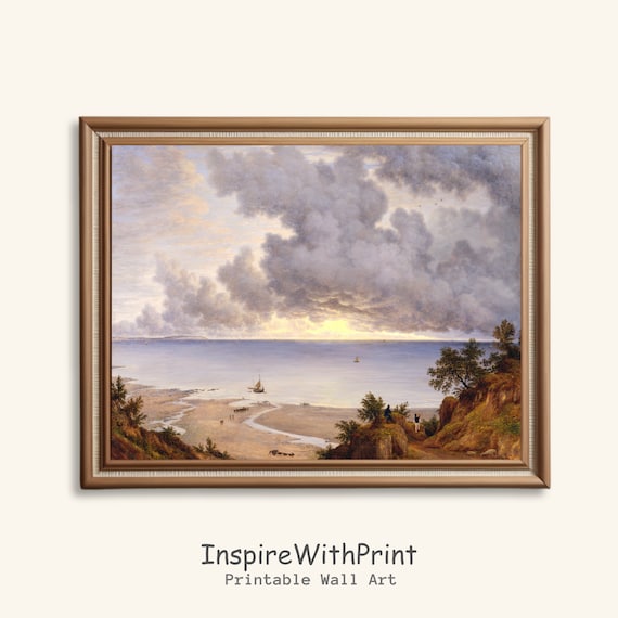 Antique Coastal Sunset Seascape Painting Vintage Ocean Beach Wall Poster