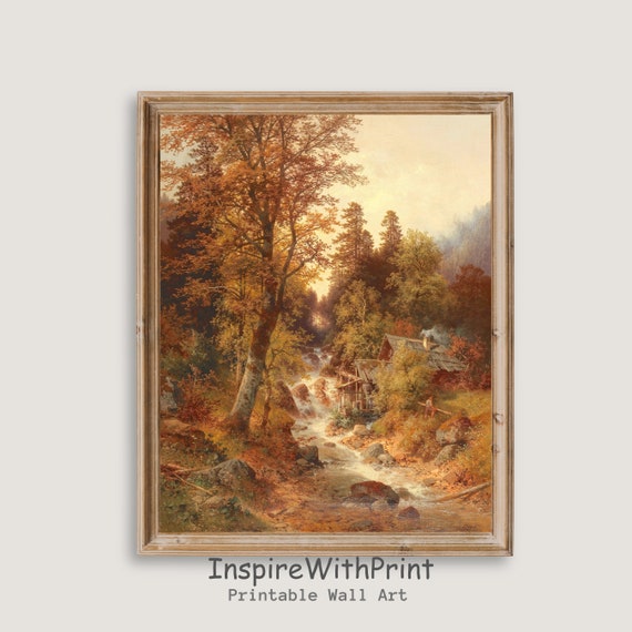 Fall Country Landscape Painting Vintage Autumn Cottacore Moody Scenery Wall Art Rustic Farmhouse Print