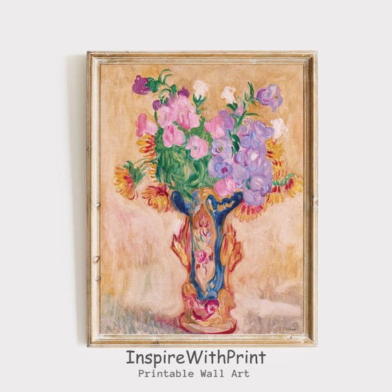 Vintage Flowers Still Life Print Abstract Flower Vase Pastel Wall Art Spring Floral Moody Oil Painting