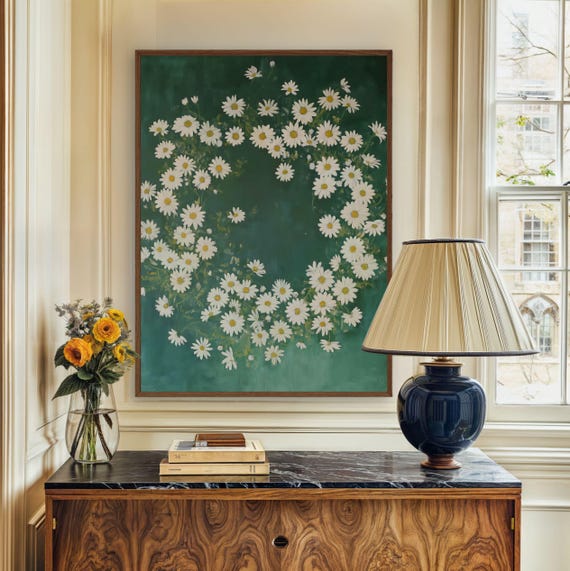Chamomile Wall Art Emerald Green Moody White Flower Painting Cottage Core Decor Spring Vintage Style
