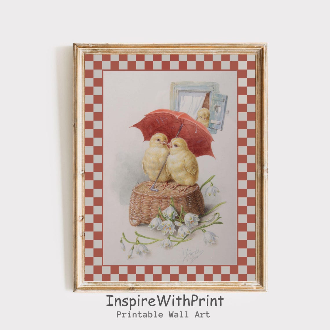 Vintage Chicks Under Red Umbrella Spring Farmhouse Painting Wall Art