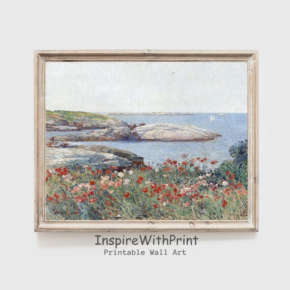 Impressionist Coastal Cliffs and Poppies Seascape Art Poster