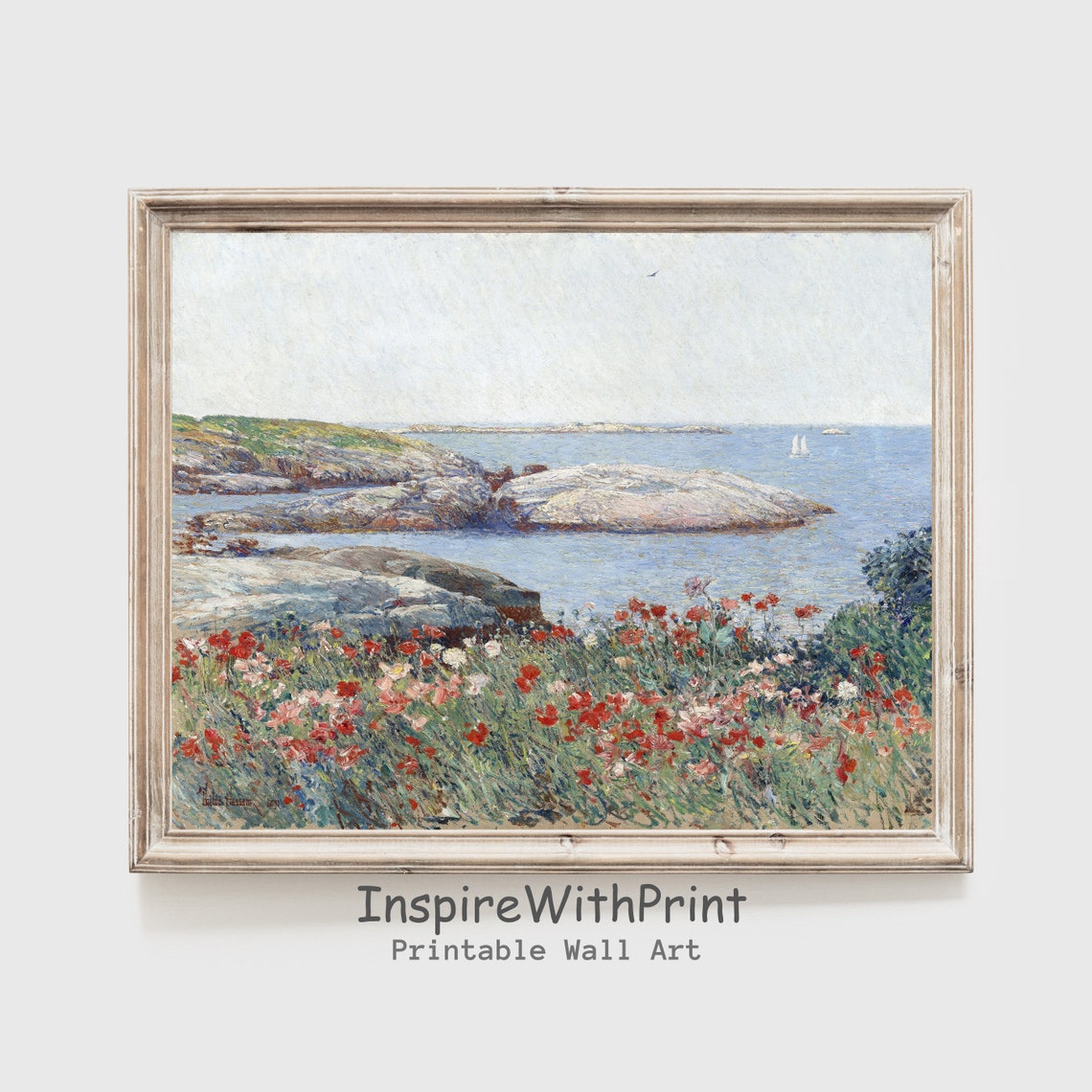 Impressionist Coastal Cliffs and Poppies Seascape Art Poster