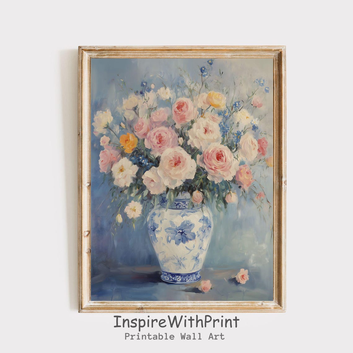 Pink Roses in a Blue Chinoiserie Vase Impressionist Style Poster