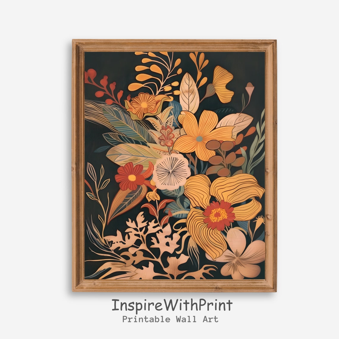 Midcentury Modern Botanical Bouquet Floral Wall Art On Black