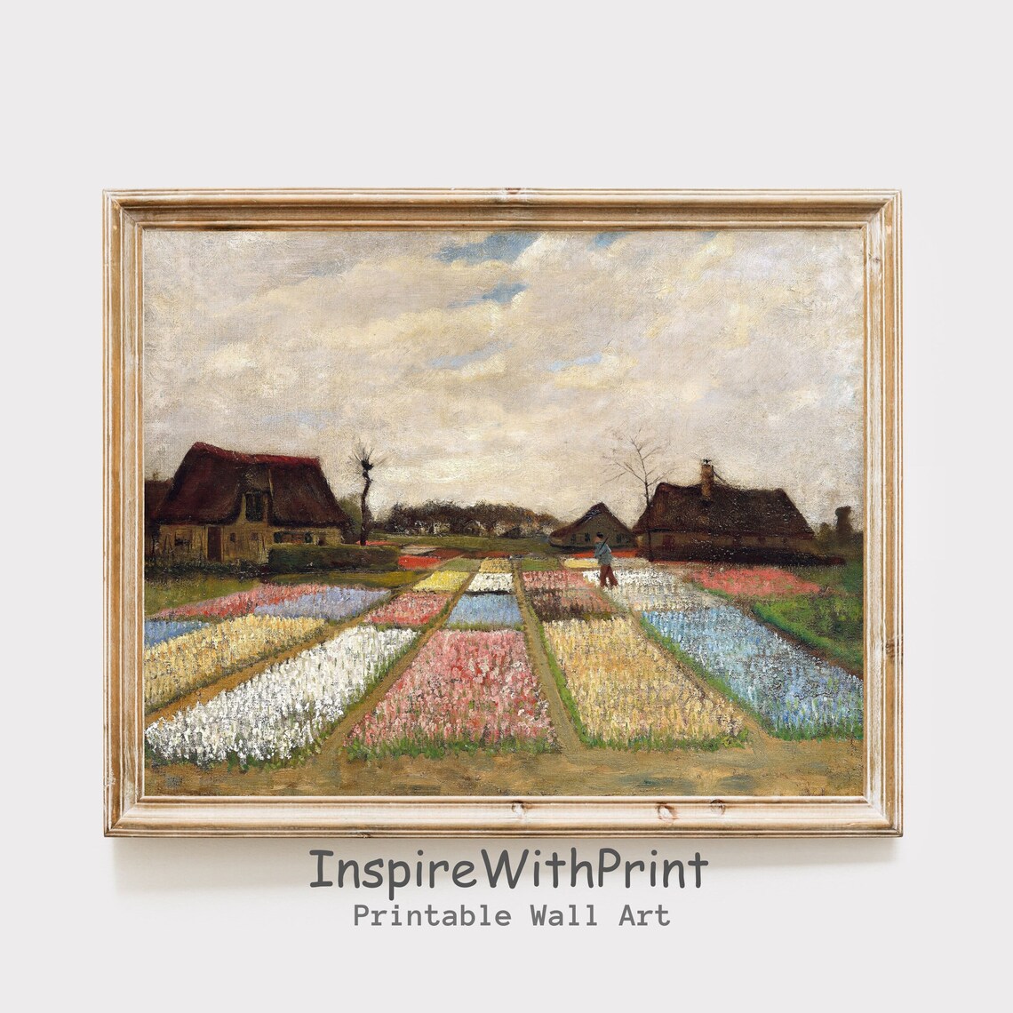 Vintage Dutch Flower Bulb Field Painting With Farm Cottages Art Poster