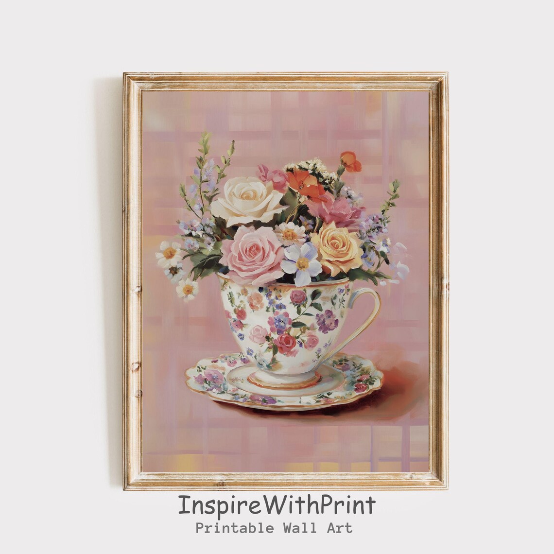 Vintage Floral Teacup With Cream Roses And Orange Poppies Wall Poster