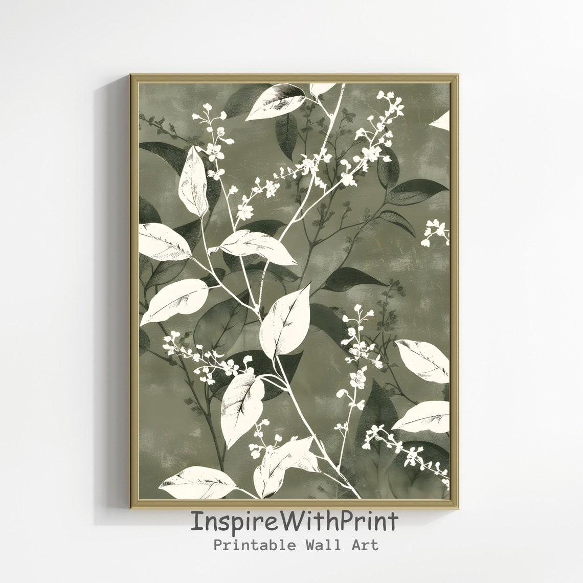 Delicate White Leafy Botanical Vines on Soft Olive Green Art Poster