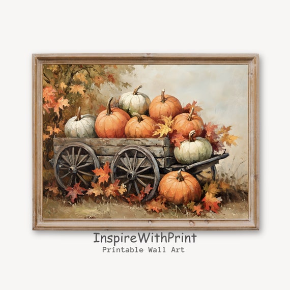 Vintage Autumn Pumpkins Print Farmhouse Pumpkin Cart Wall Art Thanksgiving Decor Fall Countryside