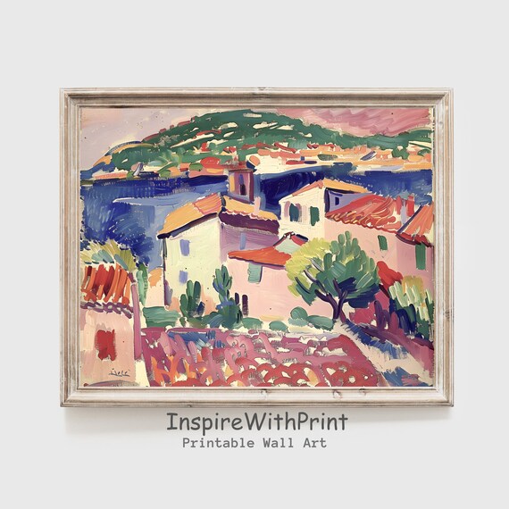 Fauvist Coastal Village Red Roofs Bold Mediterranean Landscape Art Poster