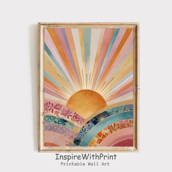 Boho Sun Print Colorful Wall Art Abstract Sunrise Midcentury Modern Playroom Poster Nursery
