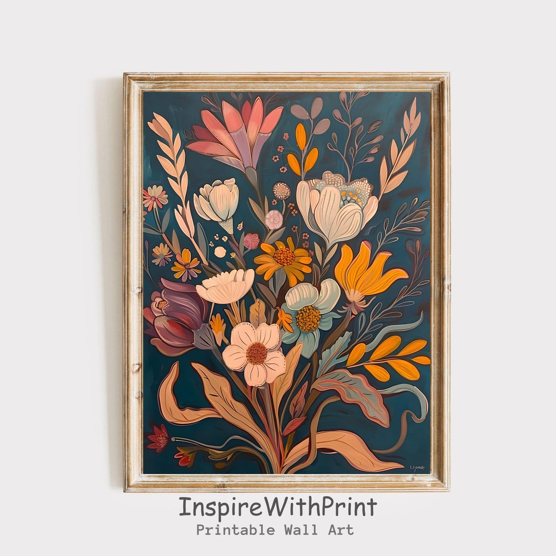 Vintage Tulip and Wildflower Bouquet on Teal Botanical Poster