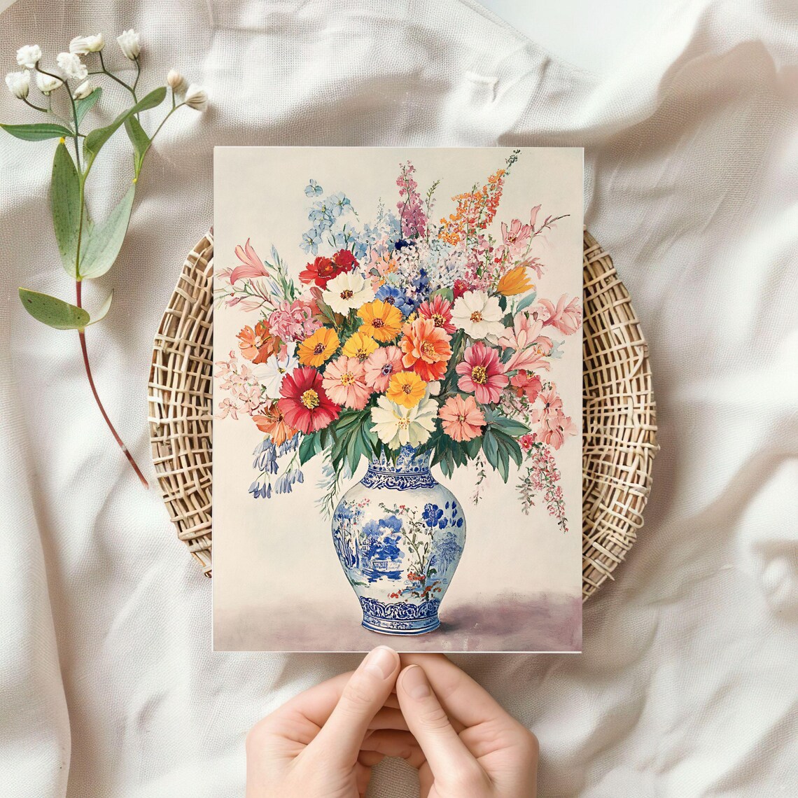 Colorful Flower Bouquet Blue White Chinoiserie Vase Floral Poster