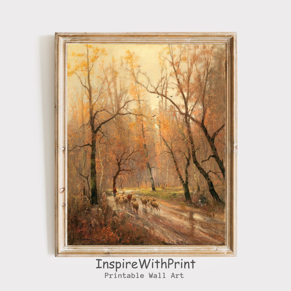 Shepherd Guiding Sheep Through Autumn Woods Vintage Oil Art Poster