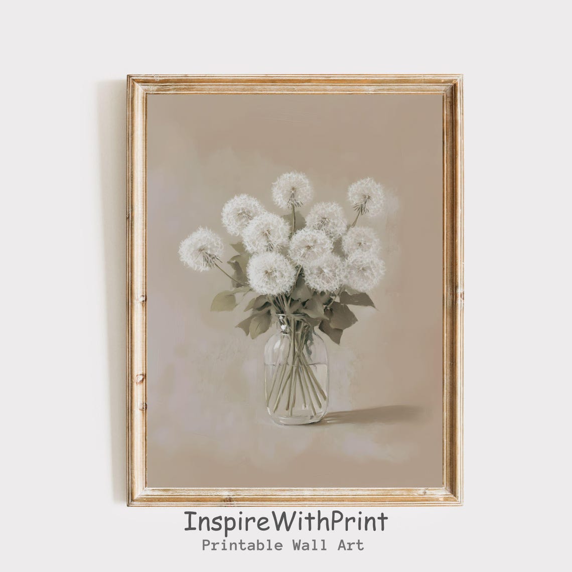 Dandelion Clocks In Glass Vase Soft Neutral Floral Artwork Print