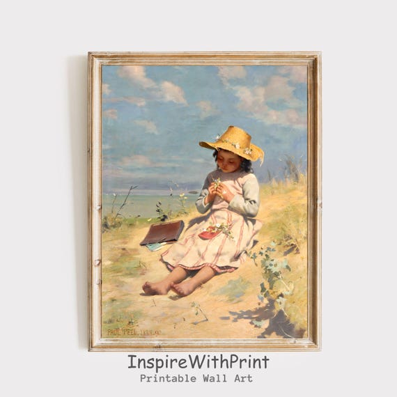 Kid At The Beach Oil Painting Vintage Wall Art Room Moody Portrait Childhood Print Nursery Decor
