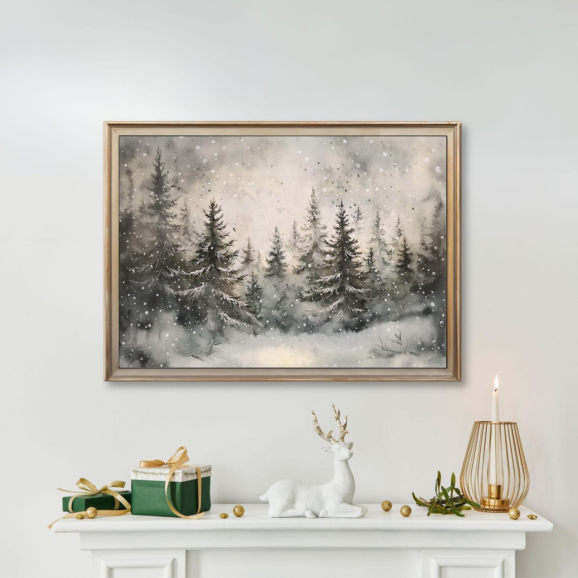 Snowy Pine Forest Watercolor With Falling Snow Landscape Poster