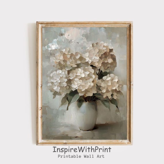 Vintage White Hydrangea Print Moody Flower Vase Painting Cottage Core Farmhouse Art Neutral Wall Decor