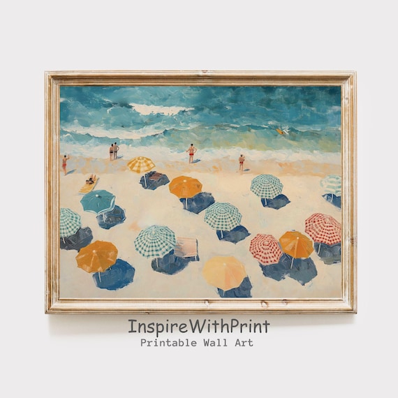Retro Beach Aerial View With Colorful Umbrellas Teal Sea Poster