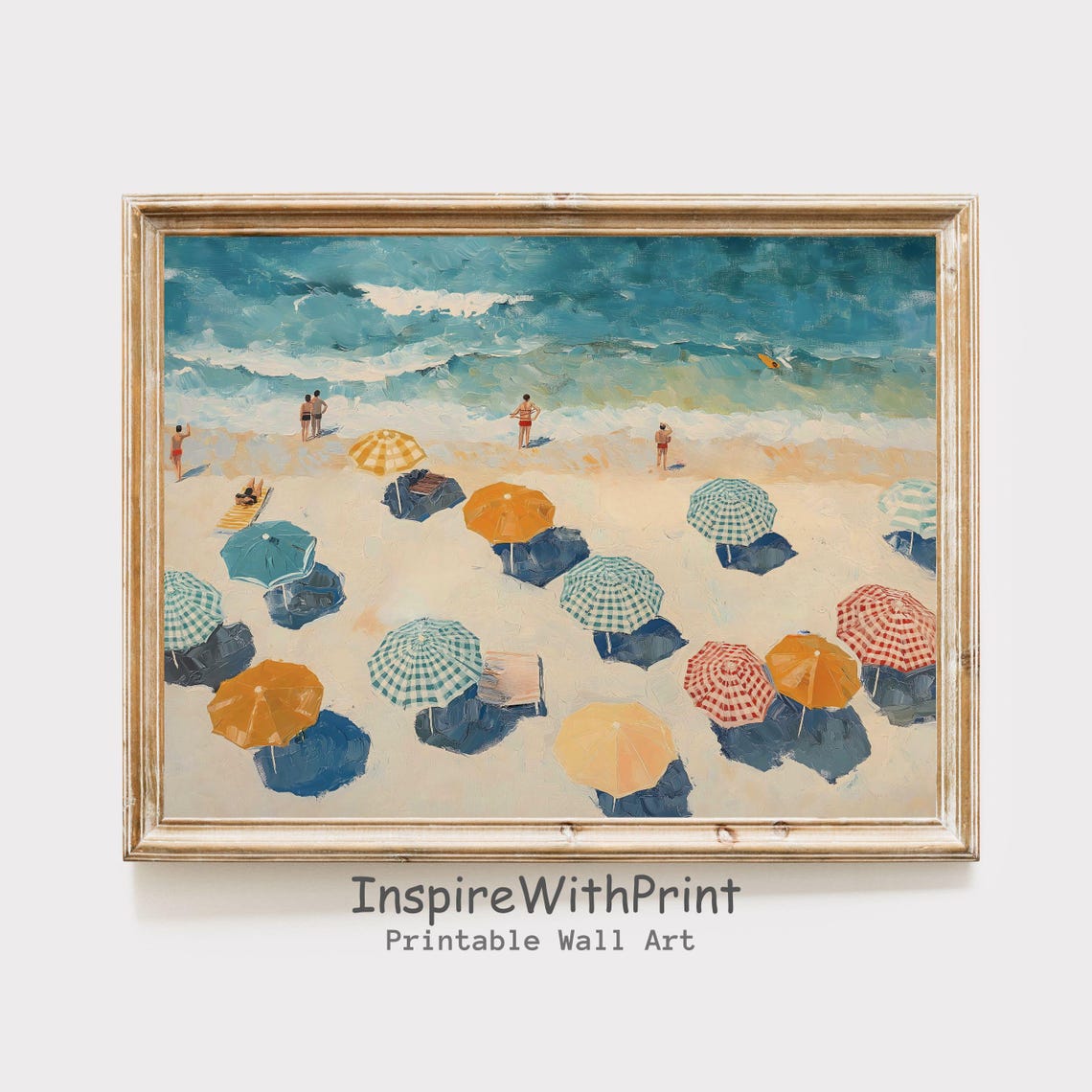 Retro Beach Aerial View With Colorful Umbrellas Teal Sea Poster