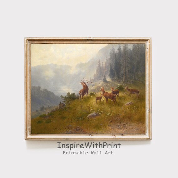 Deers In The Forest Painting Vintage Deer Print Landscape Art Fall Wall Decor 19th Century Artwork Nature Scenery
