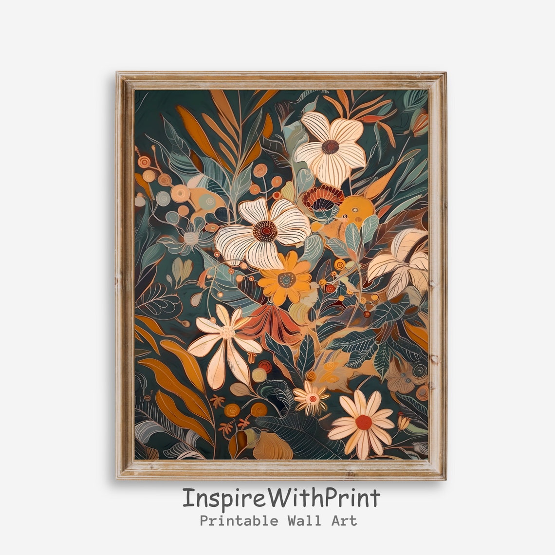 Midcentury Modern Botanical Poster Teal Rust Floral Bouquet Decor