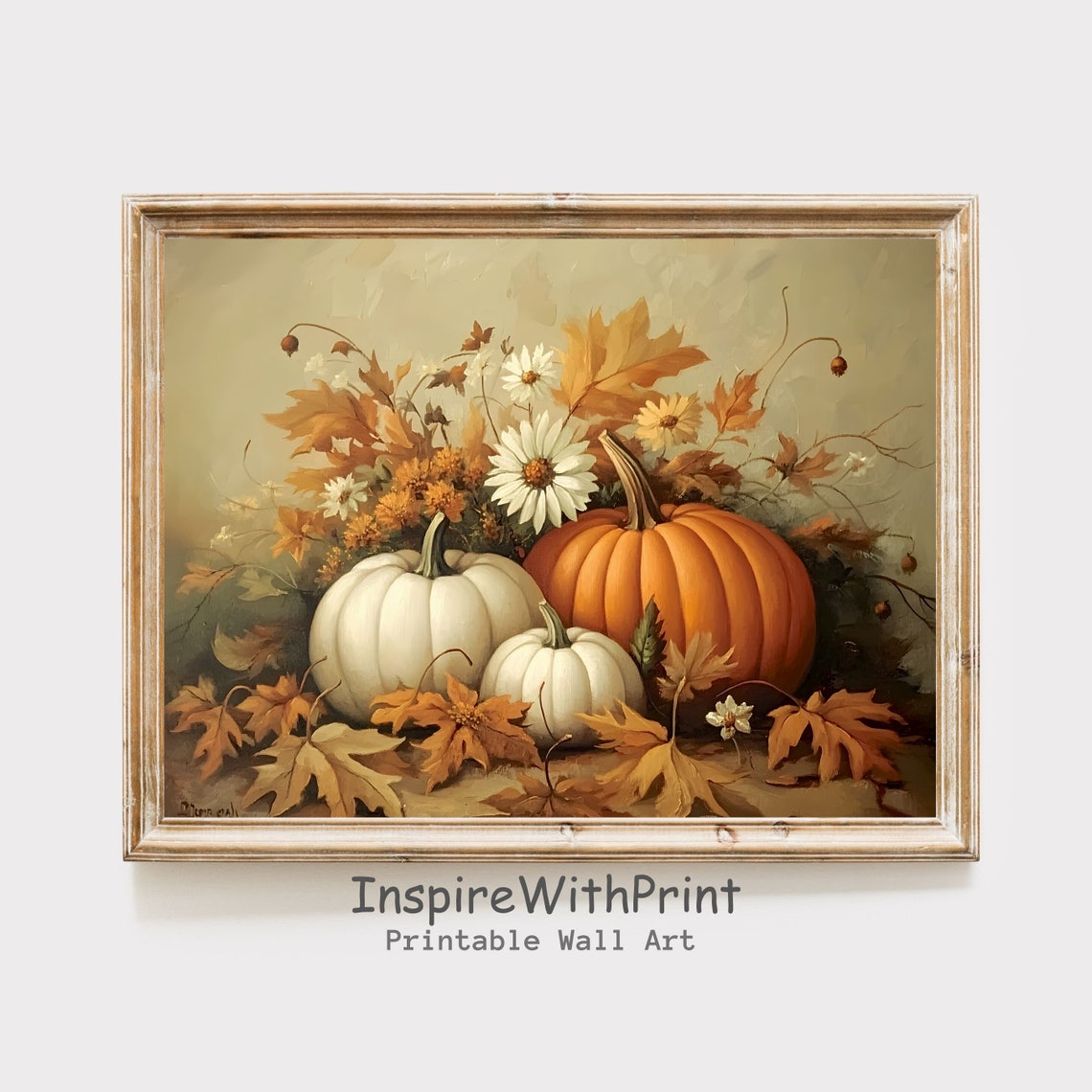 Vintage Pumpkins Fall Leaves Floral Still Life Autumn Poster