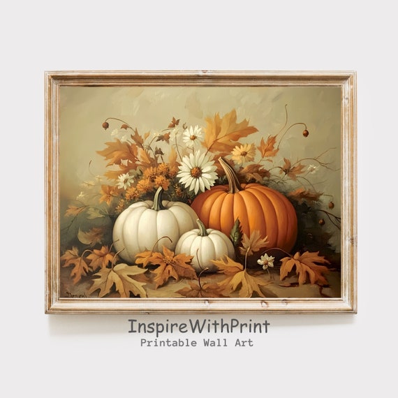 Vintage Pumpkins Wall Art And Fall Leaves Print Farmhouse Autumn Decor Pumpkin Still Life Painting