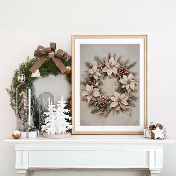Vintage Christmas Wreath Poster Neutral Poinsettia Botanical Holiday Decor