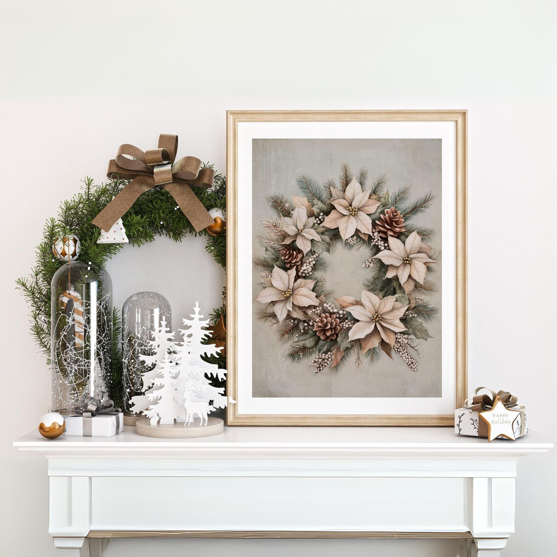 Vintage Christmas Wreath Poster Neutral Poinsettia Botanical Holiday Decor