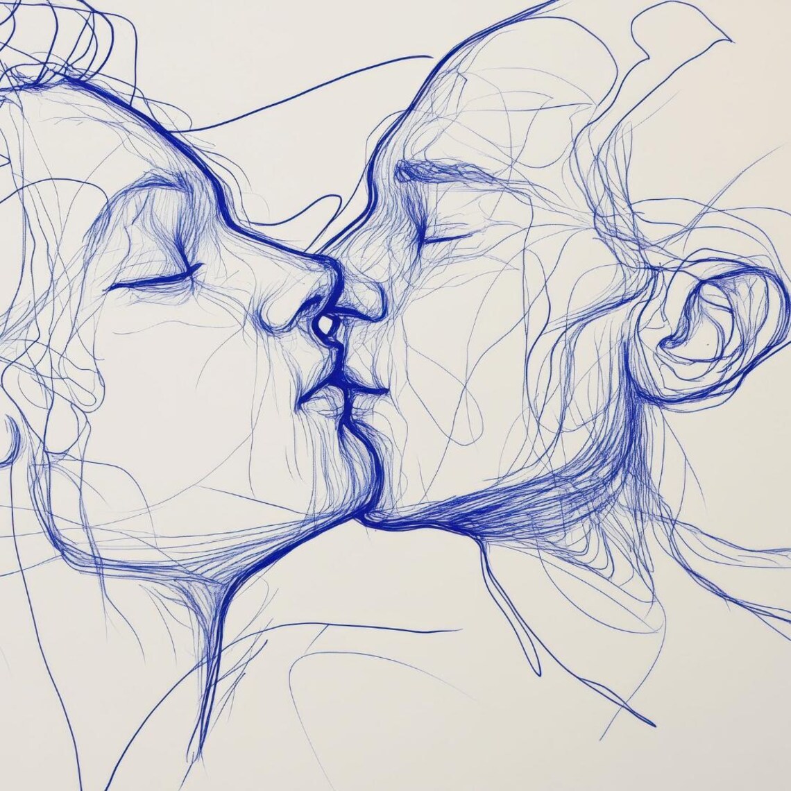 Blue Ink One Line Couple Kissing Profile Minimalist Romantic Art Print - Image 4