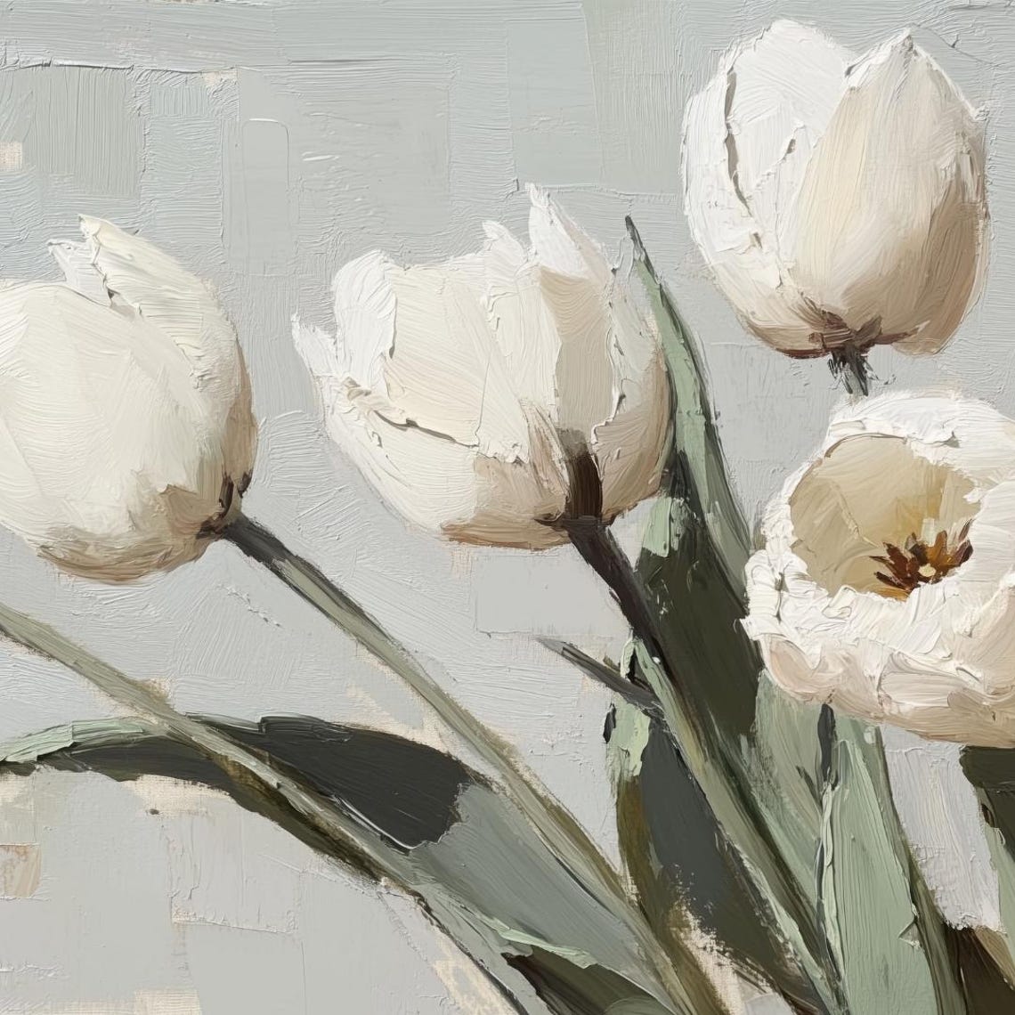 White Tulips Impasto Oil Painting Soft Gray Background Elegant Print - Image 4